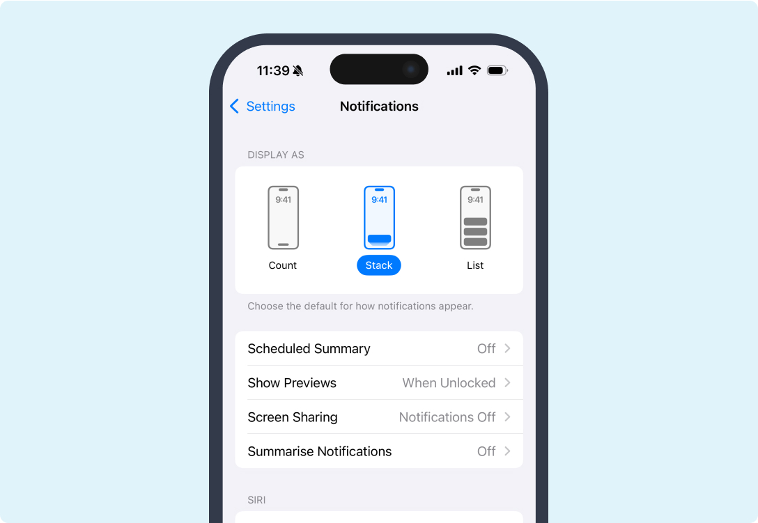 Screenshot of notification settings on an iPhone on a light blue background